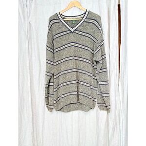 Club Room Mens V-Neck Sweater Large Green Striped 100% Cotton Made in Australia